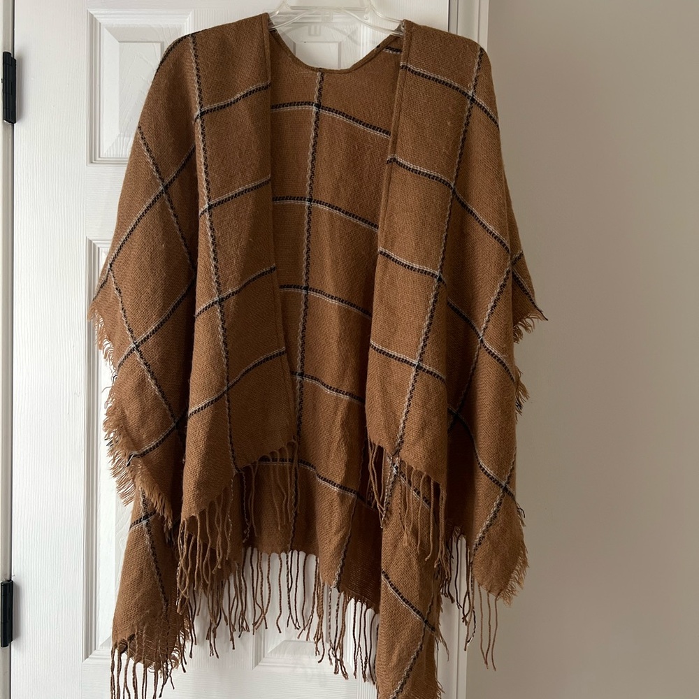 Chic Cozy Brown Plaid Fringe Poncho